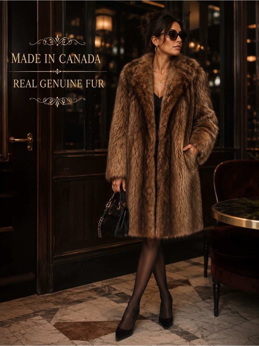 Vintage Made in Canada Real Raccoon Brown Fur Boho-Glam Mobwife Full-Length Coat